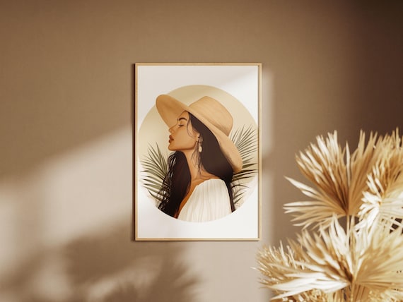 Boho Woman Portrait Poster with Summer Hat and Palm Leaves Art