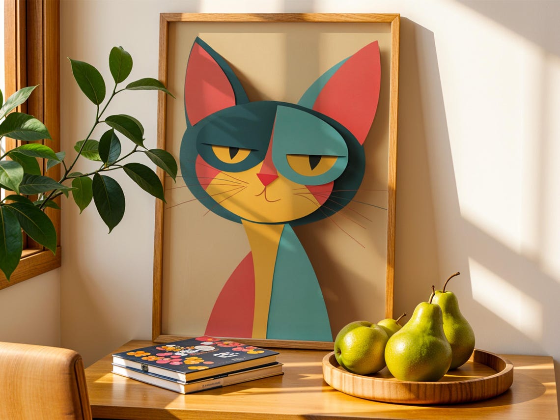 Playful Geometric Cat Face Poster Colorful Modern Wall Decor