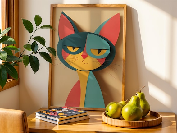 Playful Geometric Cat Face Poster Colorful Modern Wall Decor