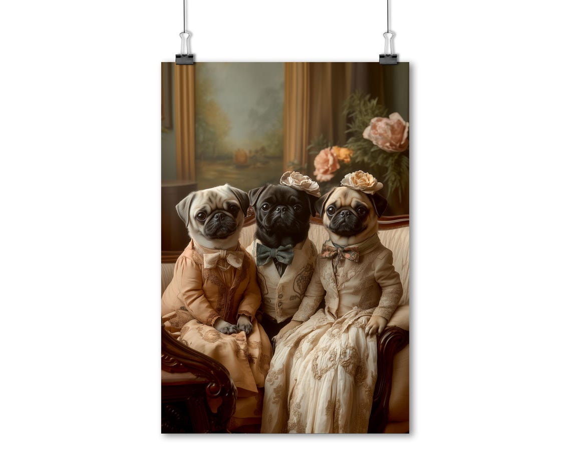 Victorian Pug Family Portrait Three Pugs In Vintage Attire Poster - Image 5