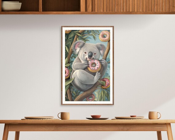 Cute Koala Eating Pink Donut In Tree Whimsical Sweet Art Poster