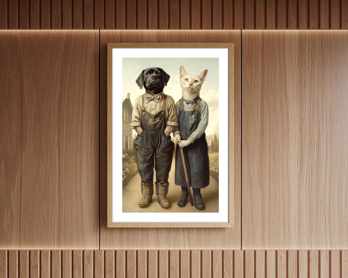 Dog And Cat In Overalls Vintage American Gothic Farm Art Poster - Image 6