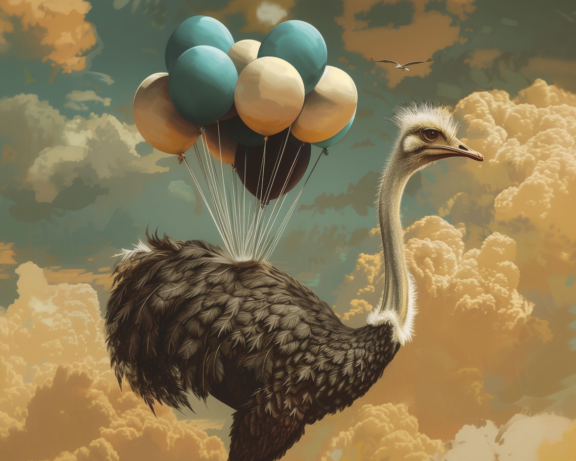 Ostrich Flying With Balloons Outsmart Nature Surreal Art Poster - Image 3