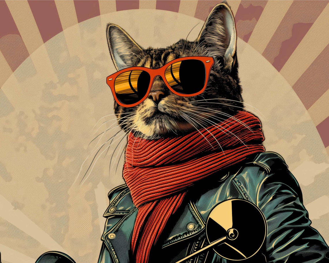 Cool Cat On Red Scooter Sunglasses Retro Biker Wall Art Print - Image 3