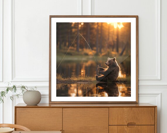 Cute Brown Bear Fishing At Lake Sunset Golden Hour Humorous Animal Poster