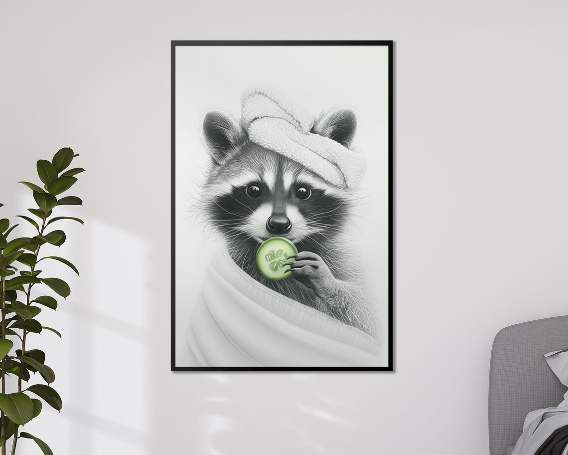 Pampered Raccoon Spa Day With Towel Eating Cucumber Funny Animal Poster - Image 3