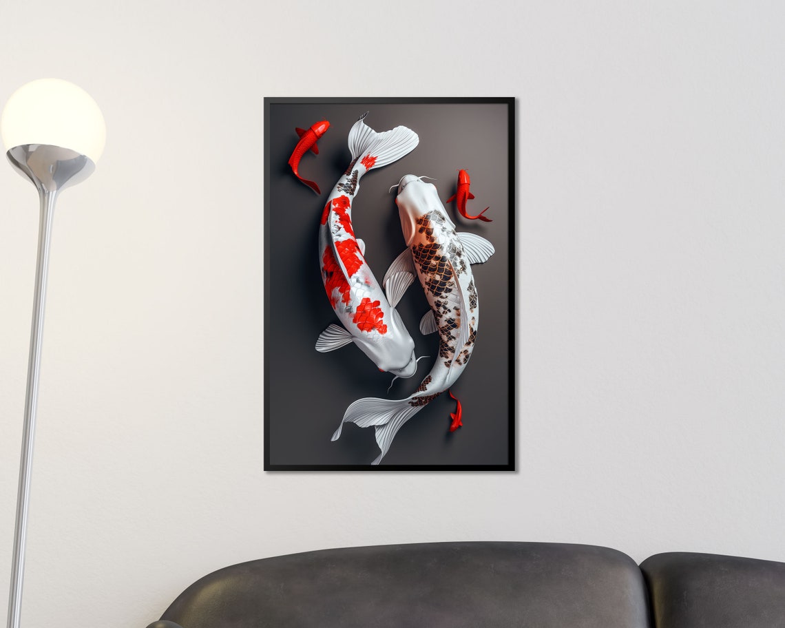 Two Koi Fish Red White Black Dark Gray Zen Aquatic Art Print
