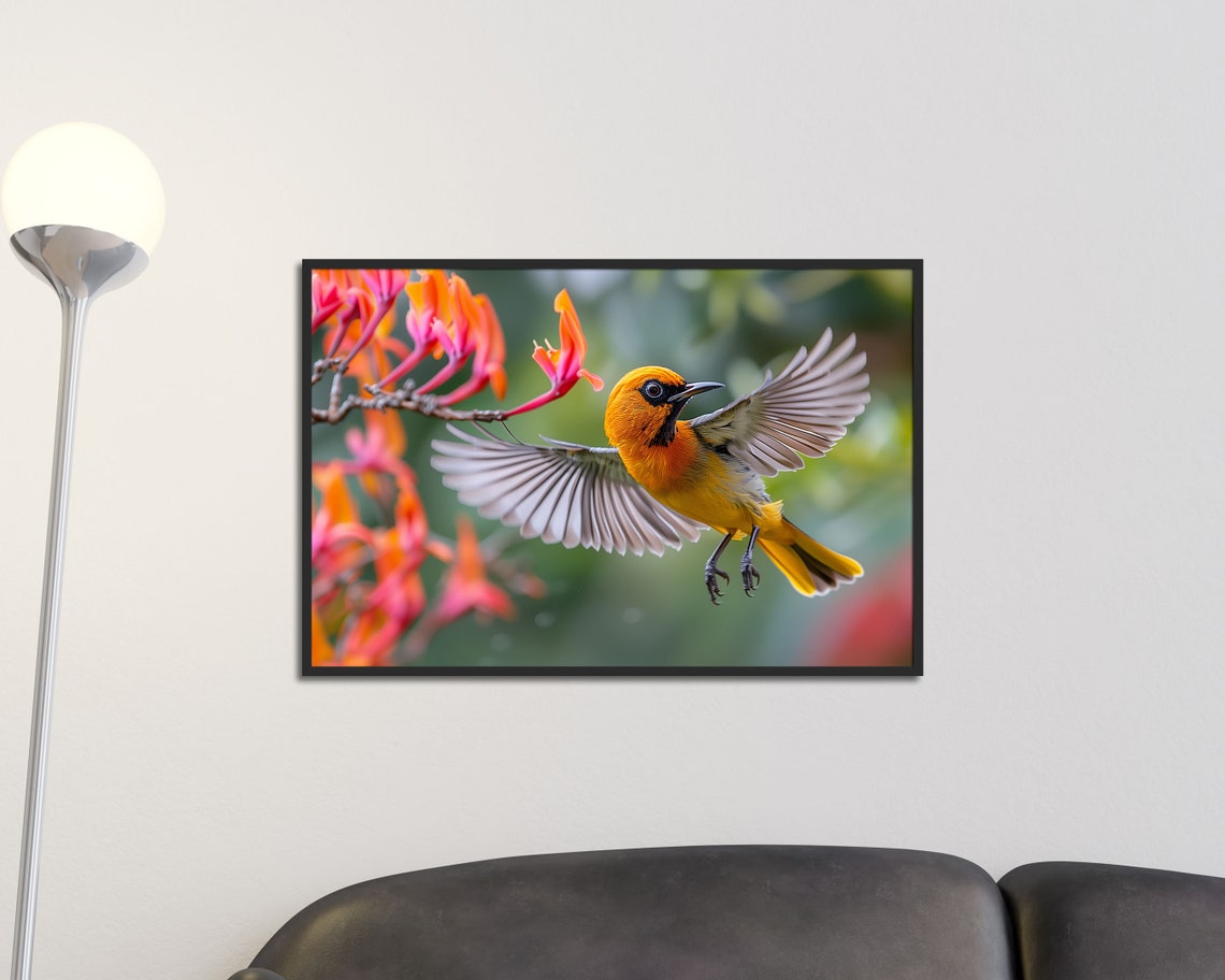 Oriole Hovering Near Red Trumpet Flowers Tropical Bird Art Poster