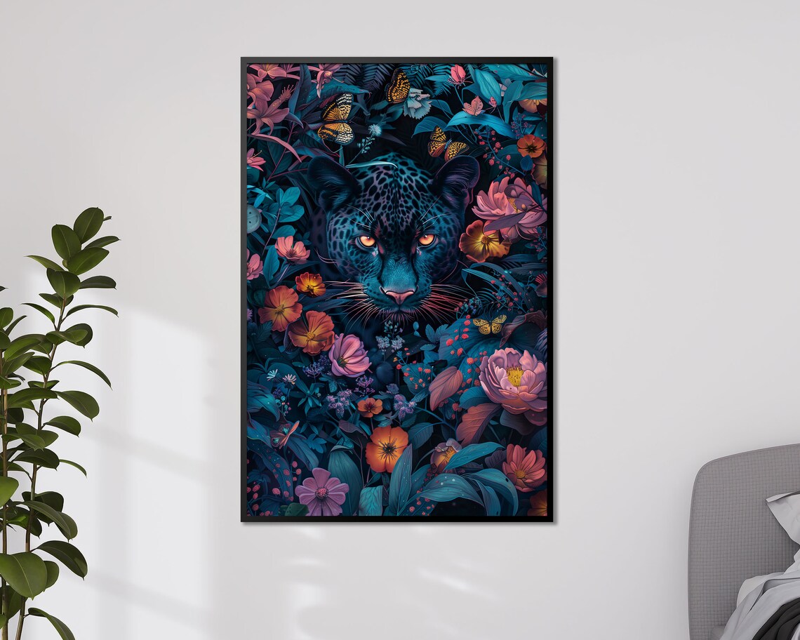 Enigmatic Black Panther In Tropical Flowers Mystical Jungle Cat Art Print - Image 4