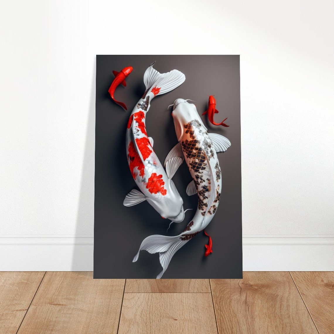 Two Koi Fish Red White Black Dark Gray Zen Aquatic Art Print - Image 4