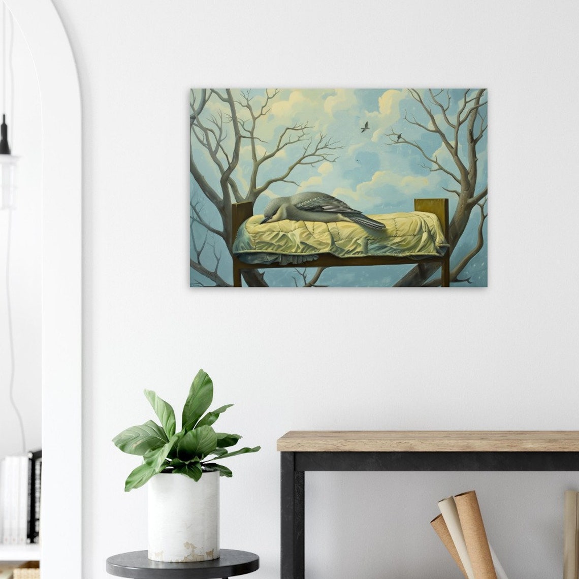 Sleeping Bird On Bed Surreal Dreamlike Blue Trees Wildlife Wall Art - Image 3