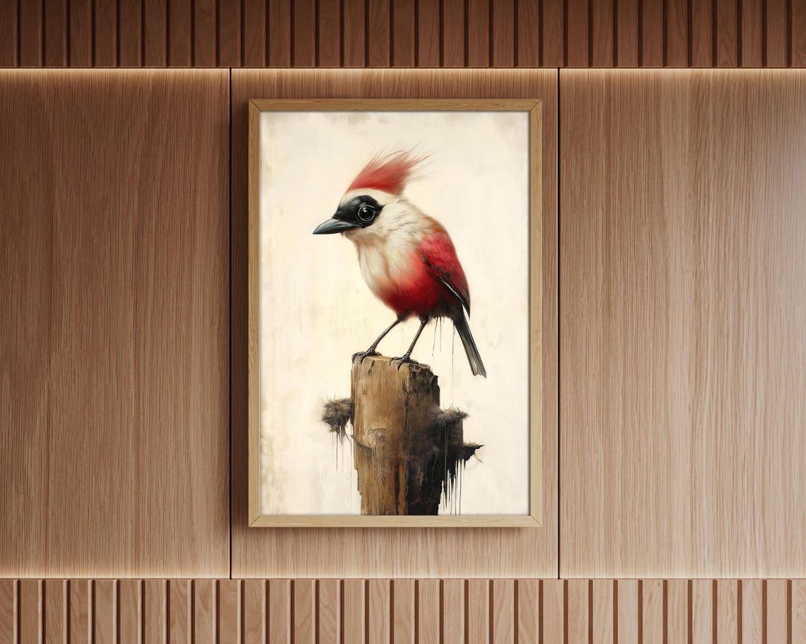 Red And White Crested Bird On Post Minimal Nature Art Poster - Image 5