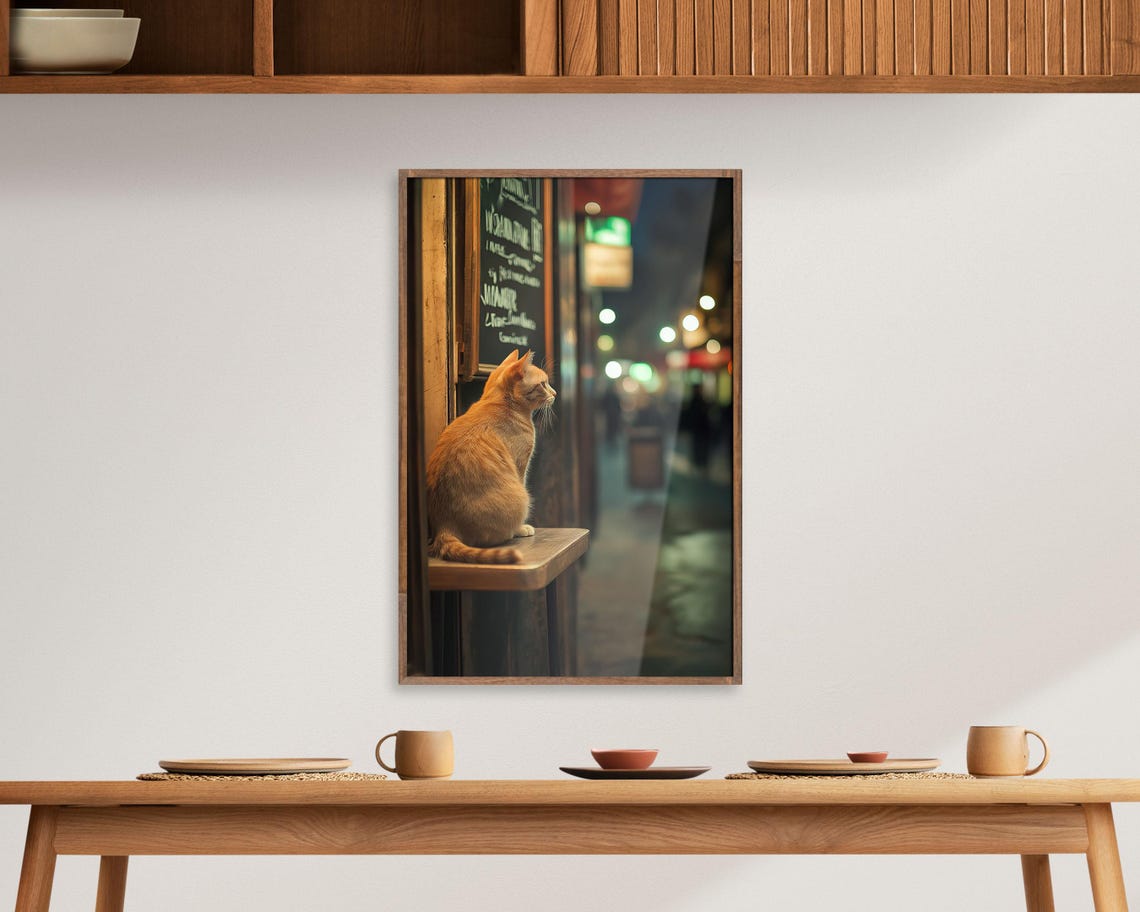 Orange Cat At Cafe Table Watching Night Street Cozy Art Poster - Image 6
