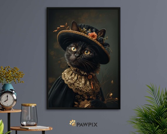 Regal Black Cat Victorian Floral Hat Dark Academia Feline Wall Art