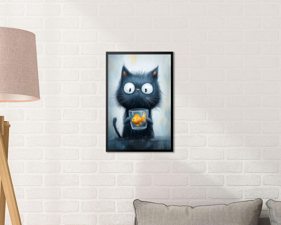 Big Eyed Black Cat Holding Goldfish Bowl Funny Kitchen Wall Art - Image 2