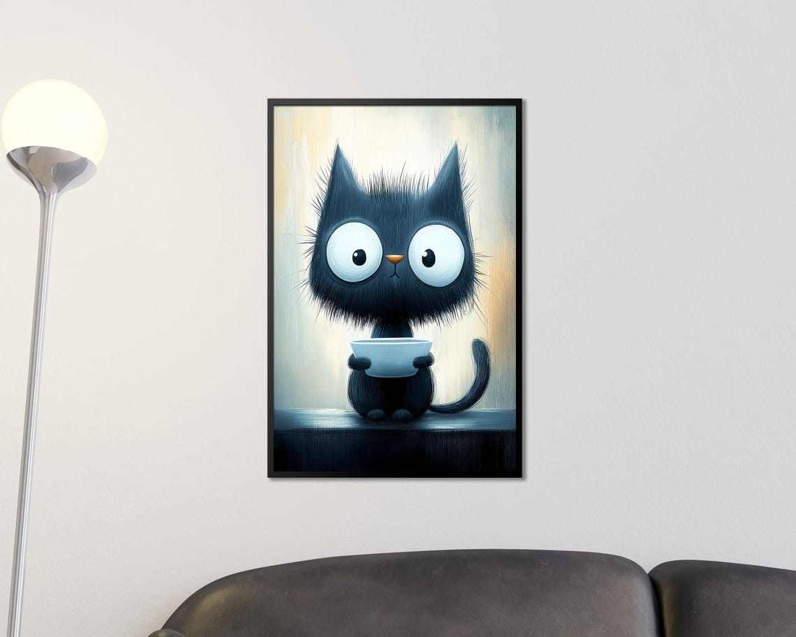 Funny Hungry Black Cat Holding Empty Bowl Begging Kitchen Wall Art - Image 3