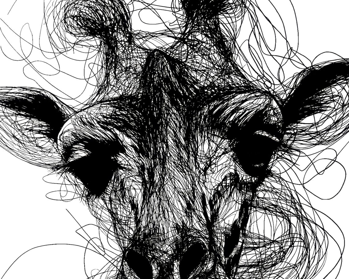 Giraffe Head Scribble Art Black And White Line Drawing Wall Print - Image 2