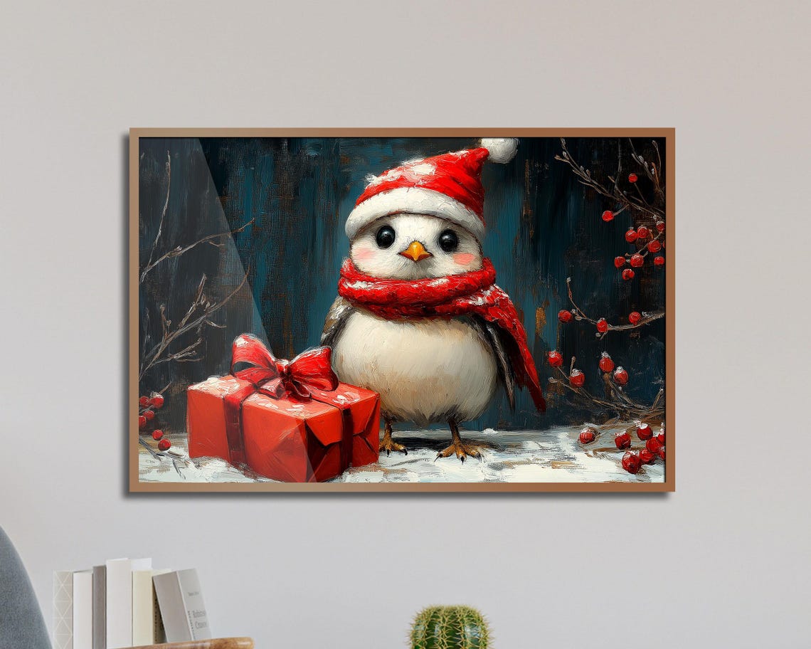 White Winter Bird With Santa Hat Gift Box Snowy Holiday Poster - Image 3