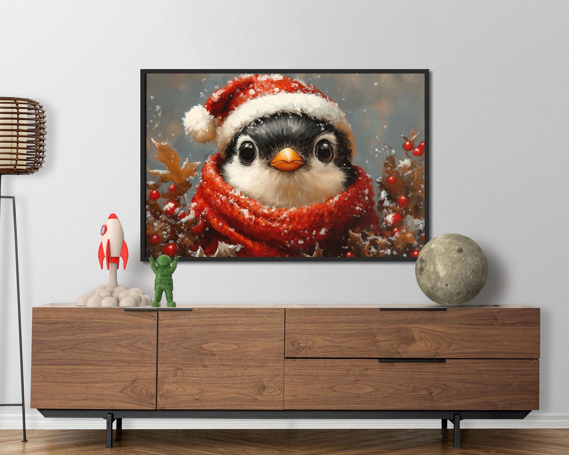 Penguin Chick In Santa Hat And Scarf Snowy Christmas Art Poster - Image 4