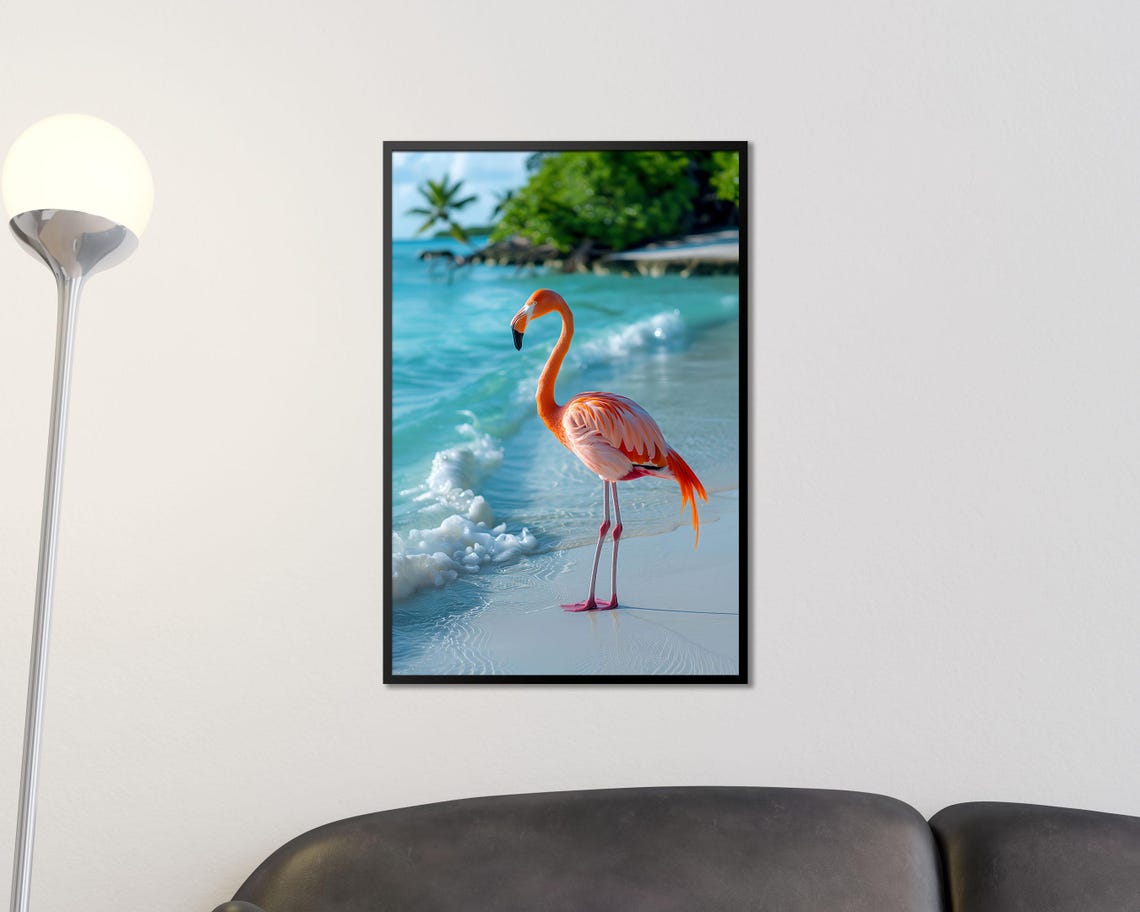 Pink Flamingo on Tropical Beach Turquoise Water Coastal Photo Poster