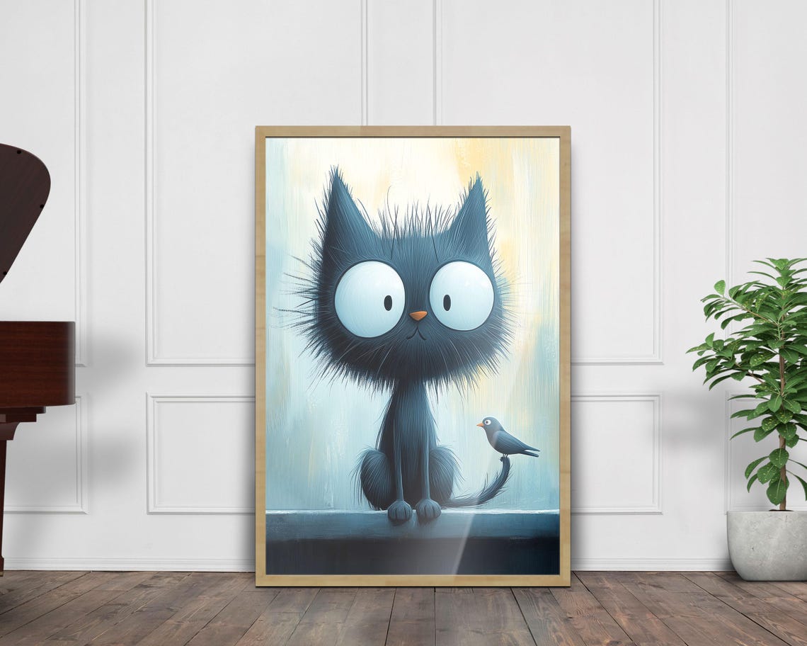 Cute Big Eyed Black Cat with Little Bird on Tail Nursery Wall Art - Image 7