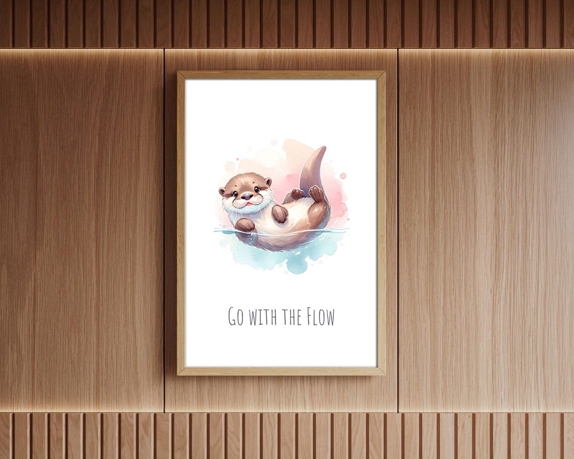 Go With The Flow Baby Otter Floating Pastel Watercolor Nursery Poster - Image 2
