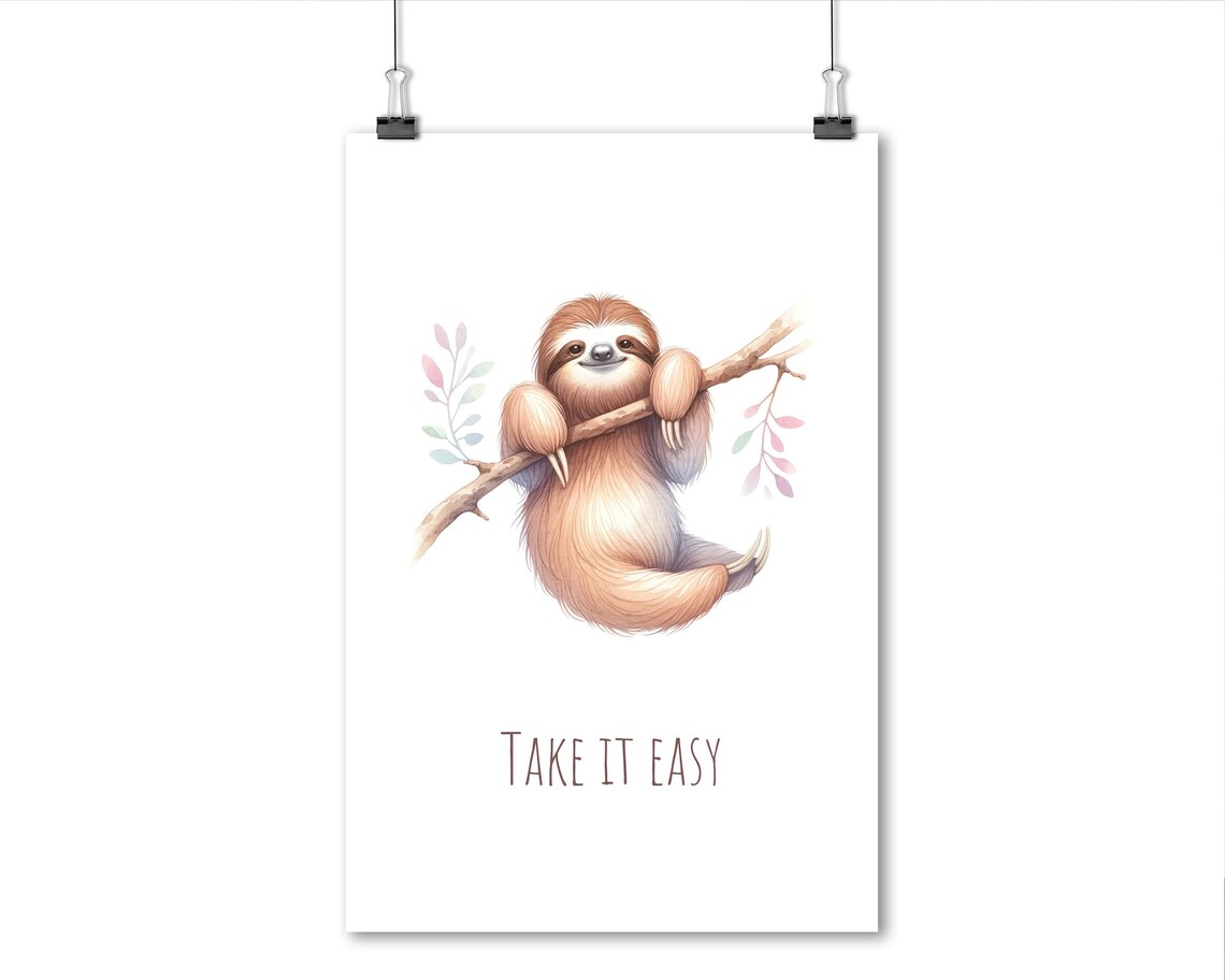 Take It Easy Smiling Sloth Branch Pastel Watercolor Calm Nursery Poster - Image 4