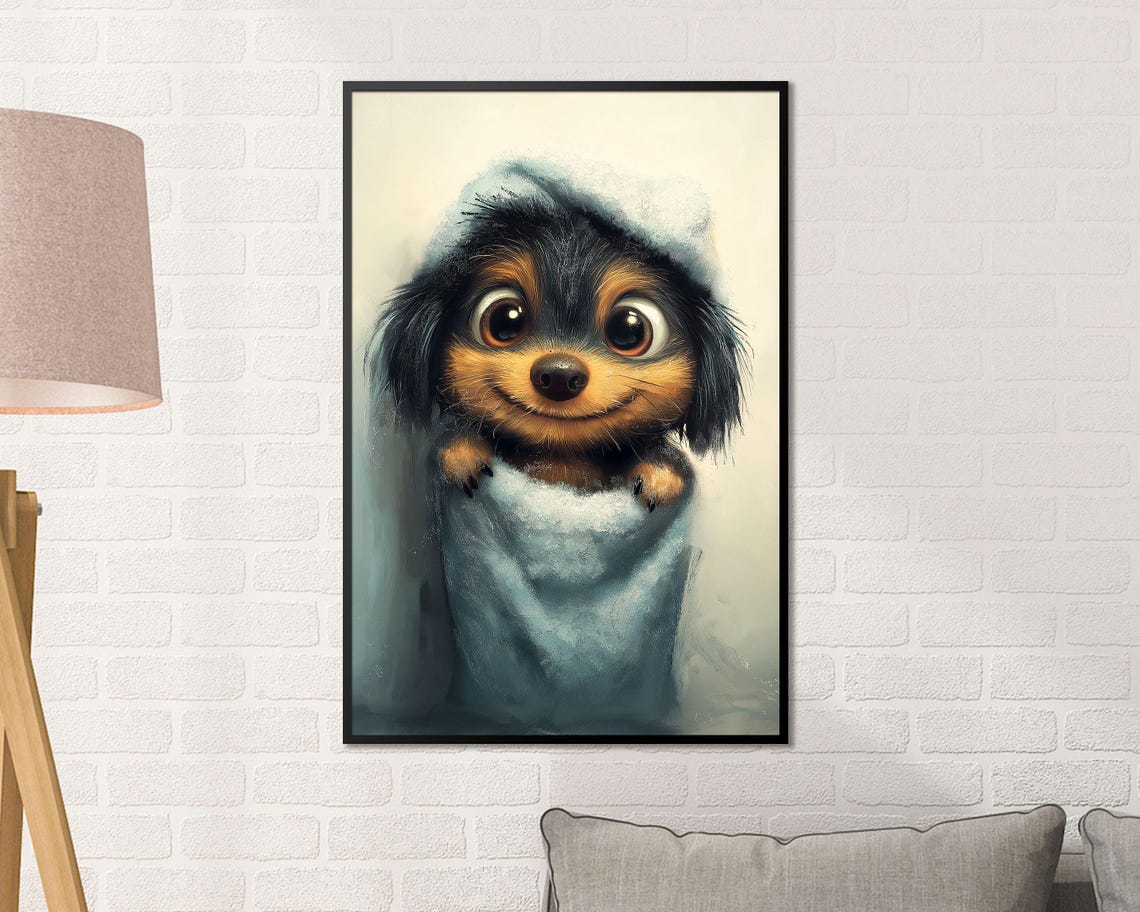 Black And Tan Puppy Wrapped In Towel Cute Bathroom Dog Art Poster - Image 2