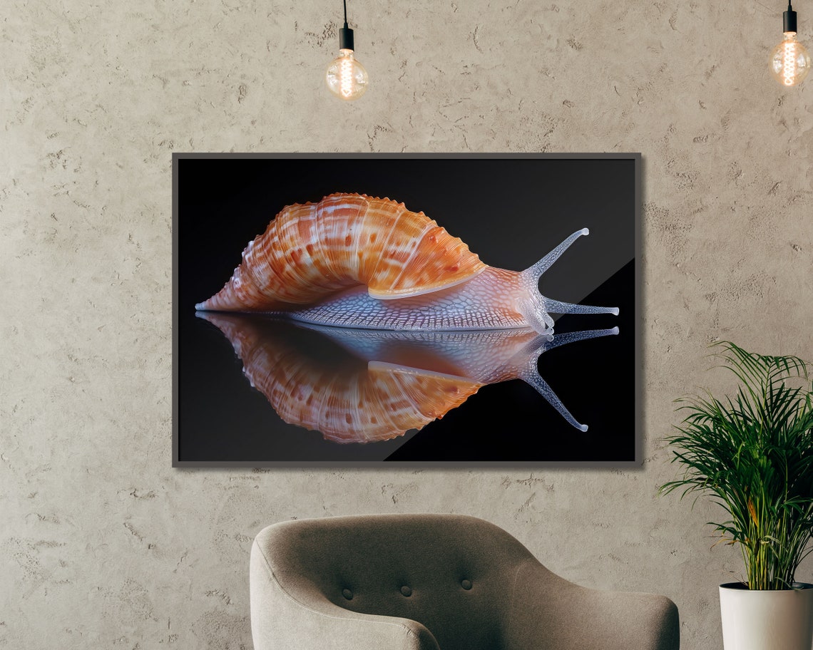 Elegant Snail With Mirror Reflection Orange Shell Nature Art Print - Image 4