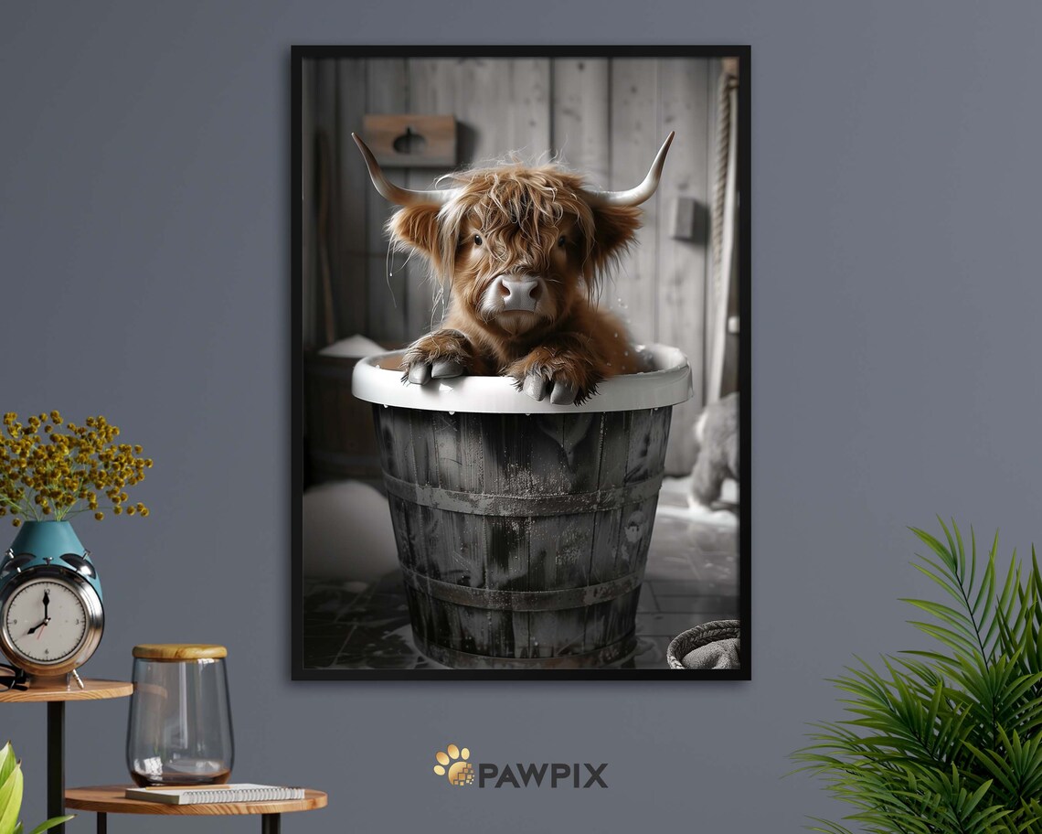 Baby Highland Cow Wooden Tub Bath Funny Farmhouse Bathroom Wall Art