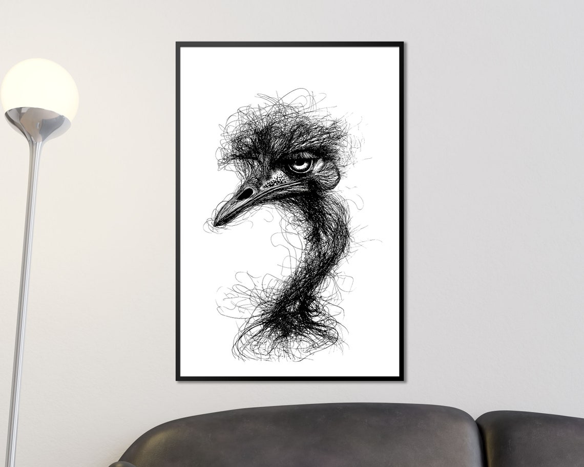 Ostrich Head Scribble Art Black And White Line Drawing Bird Print