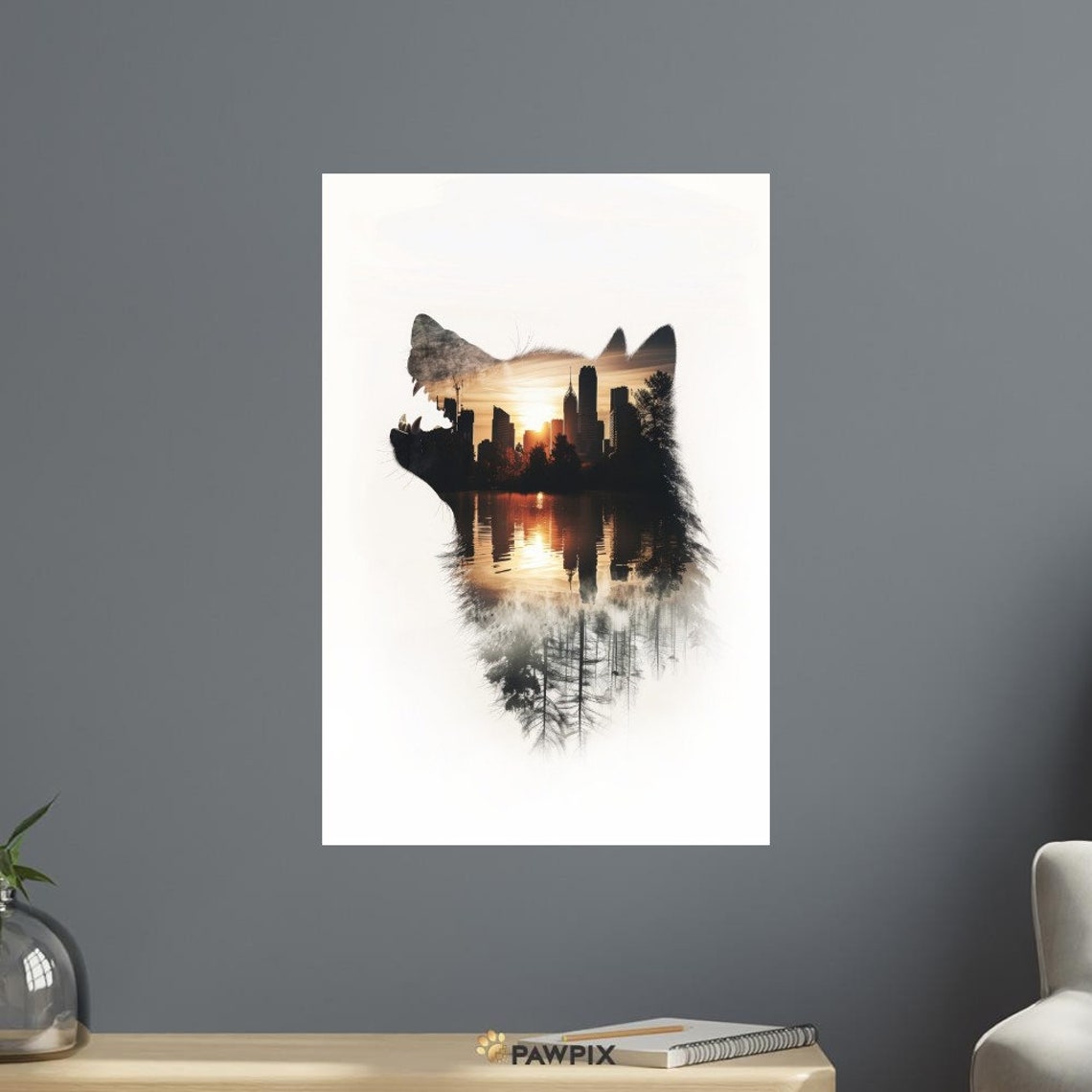 Howling Wolf Double Exposure Sunset City Skyline Silhouette Print - Image 2