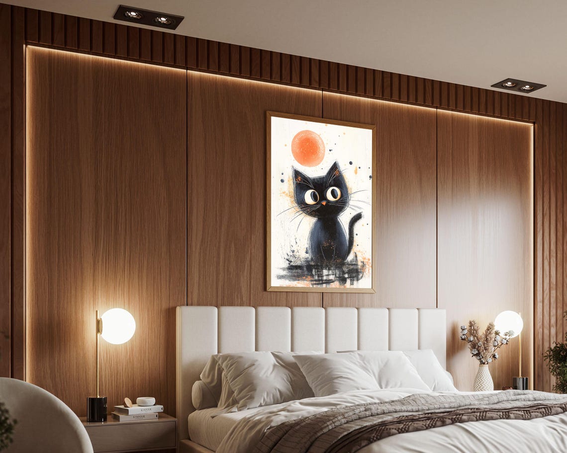 Black Cat Under Orange Moon Japanese Ink Style Minimal Wall Art - Image 6