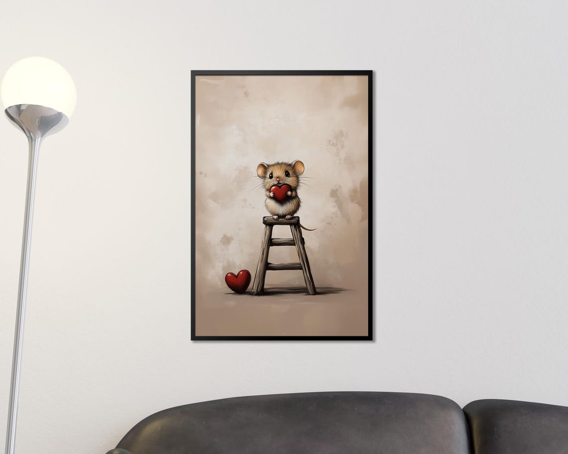 Sweet Tiny Mouse Holding Red Heart Stepladder Valentine Wall Art - Image 3