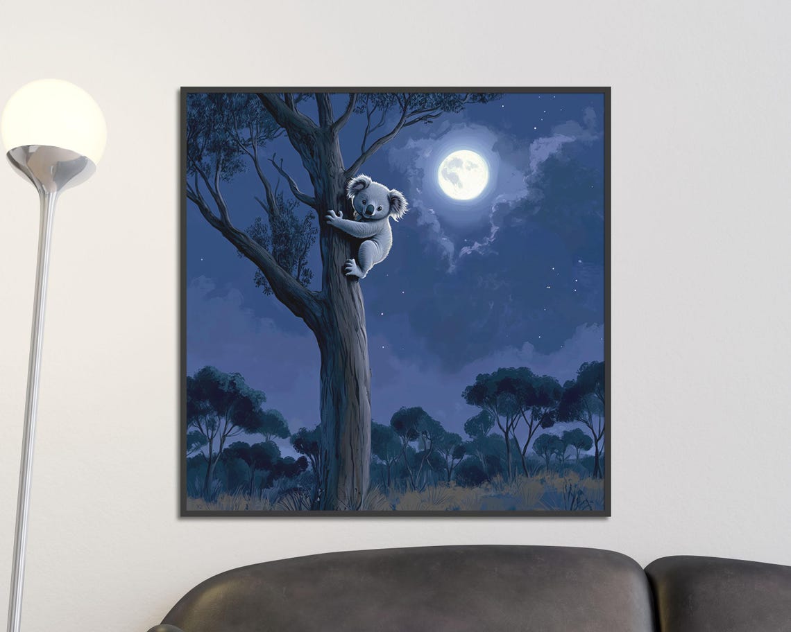 Koala Hugging Tree Under Full Moon Starry Night Blue Nursery Poster - Image 2