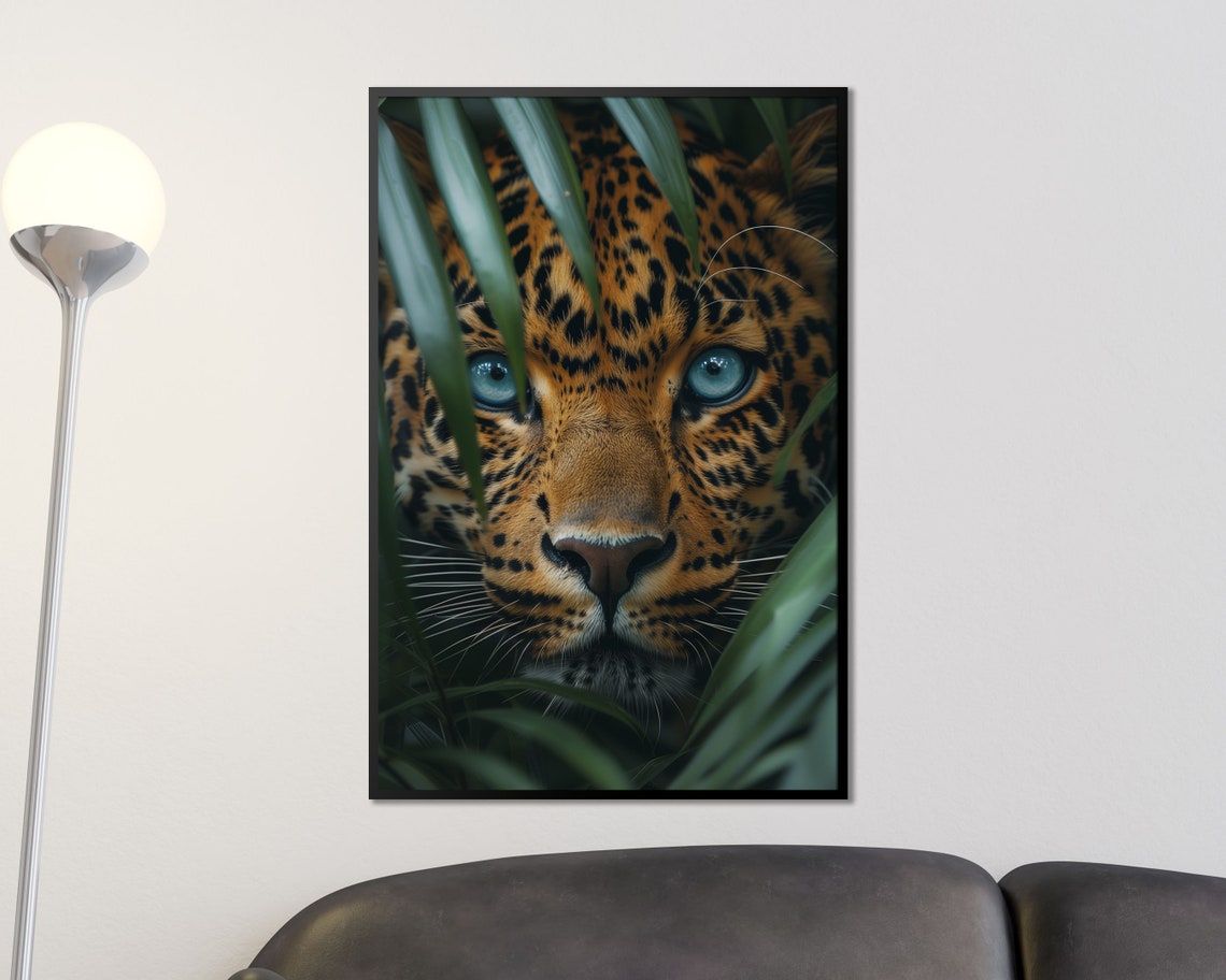 Leopard Face Close-Up Blue Eyes Jungle Leaves Wildlife Poster - Image 2