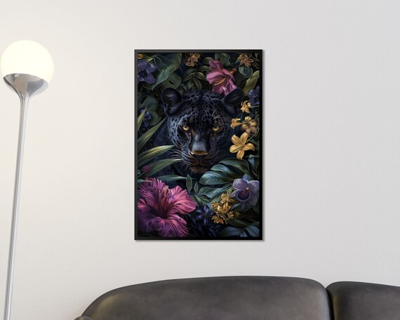 Mystical Black Leopard Among Tropical Flowers Jungle Cat Wall Art Print