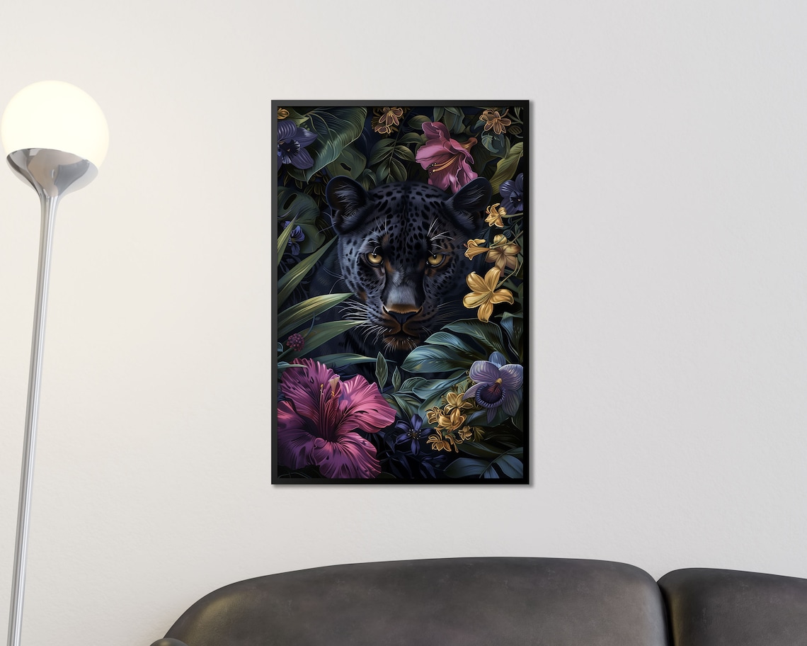 Mystical Black Leopard Among Tropical Flowers Jungle Cat Wall Art Print