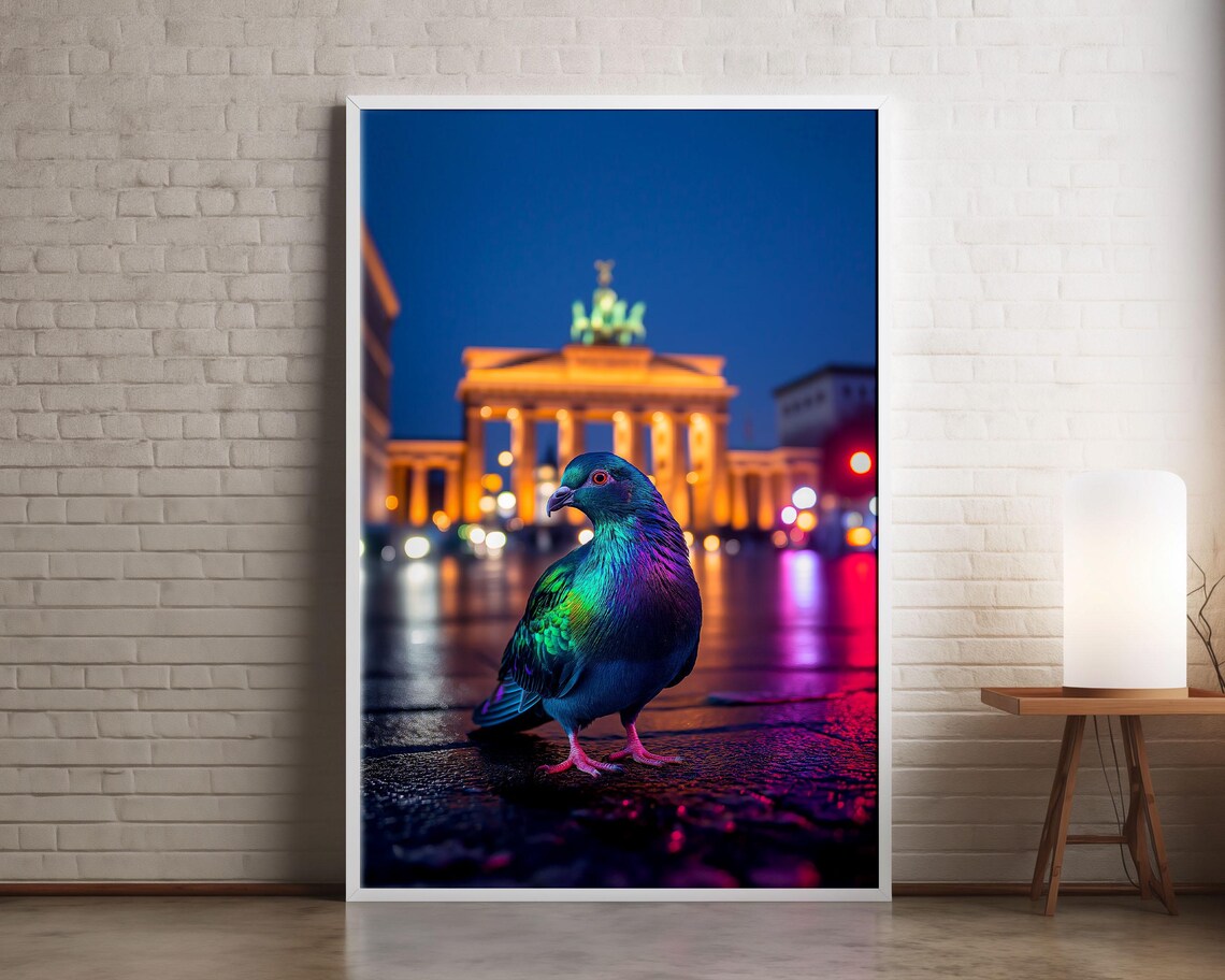 Neon Pigeon Berlin Night Brandenburg Gate City Street Wall Art