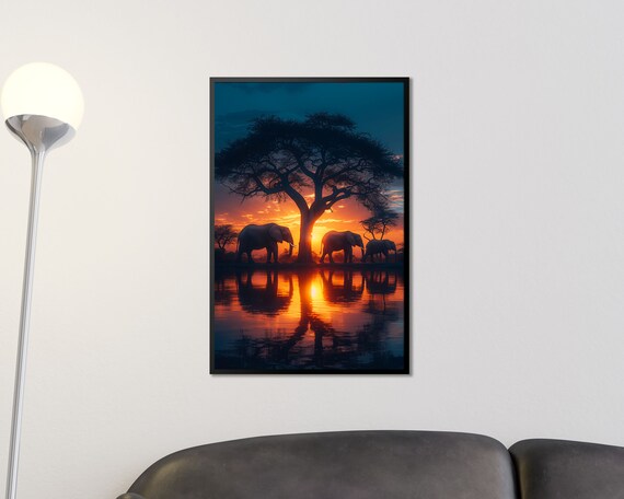 African Elephants Sunset Acacia Tree Reflection Safari Wall Art