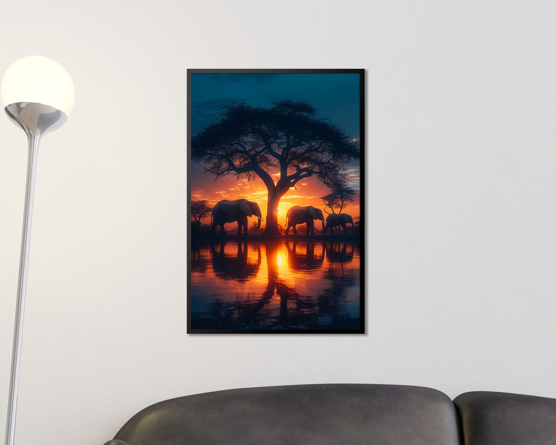African Elephants Sunset Acacia Tree Reflection Safari Wall Art