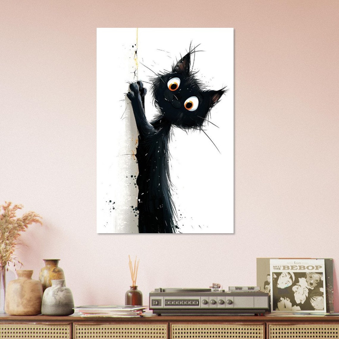 Funny Peeking Black Cat Cartoon Ink Splatter Nursery Wall Art Poster - Image 2