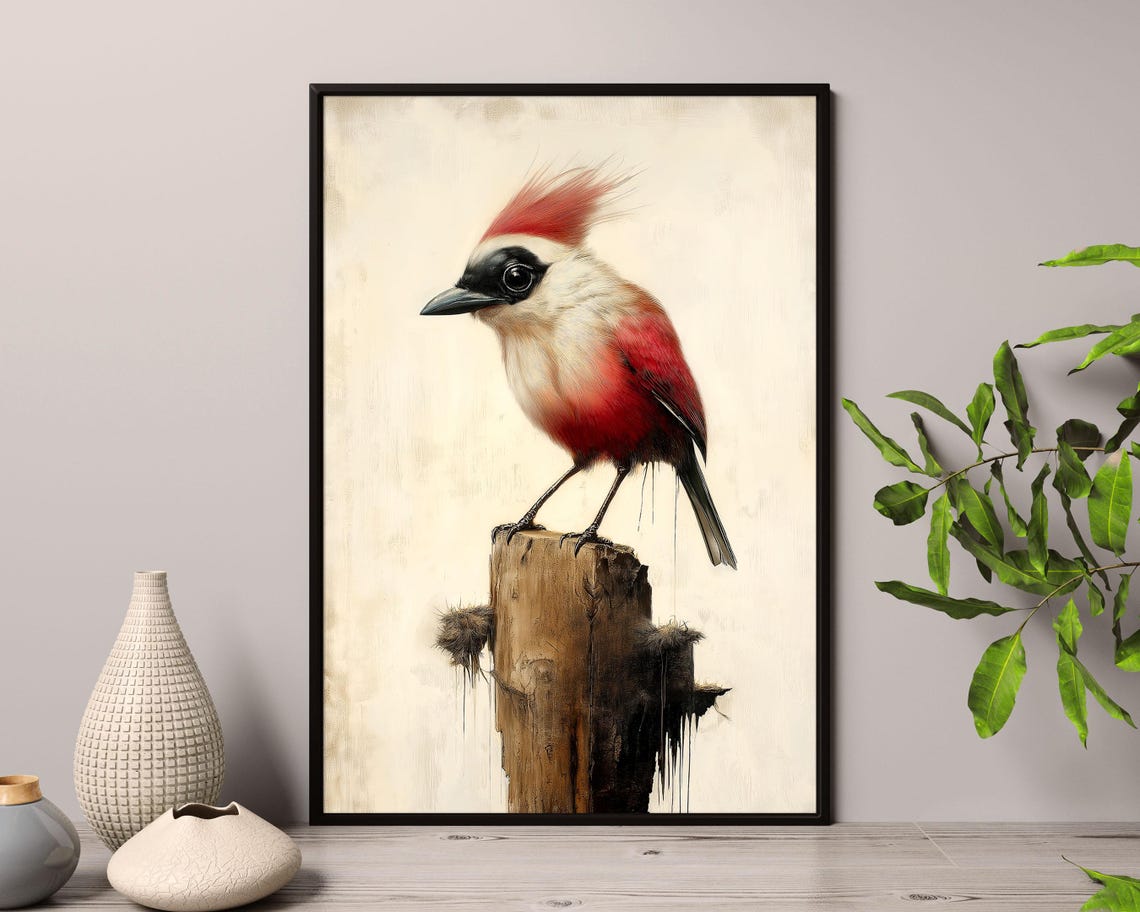 Red And White Crested Bird On Post Minimal Nature Art Poster - Image 3