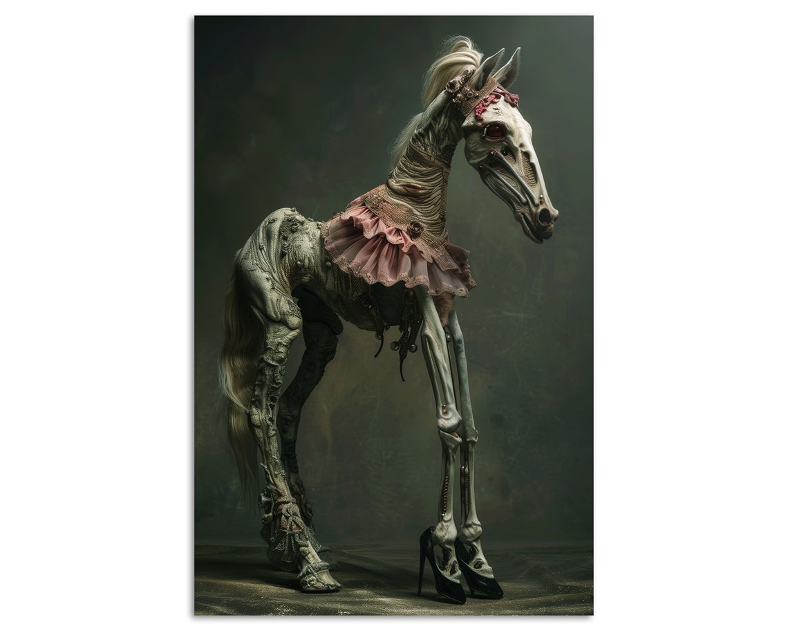 Grotesque Skeletal Horse In Pink Dress Dark Fantasy Macabre Art Print - Image 5