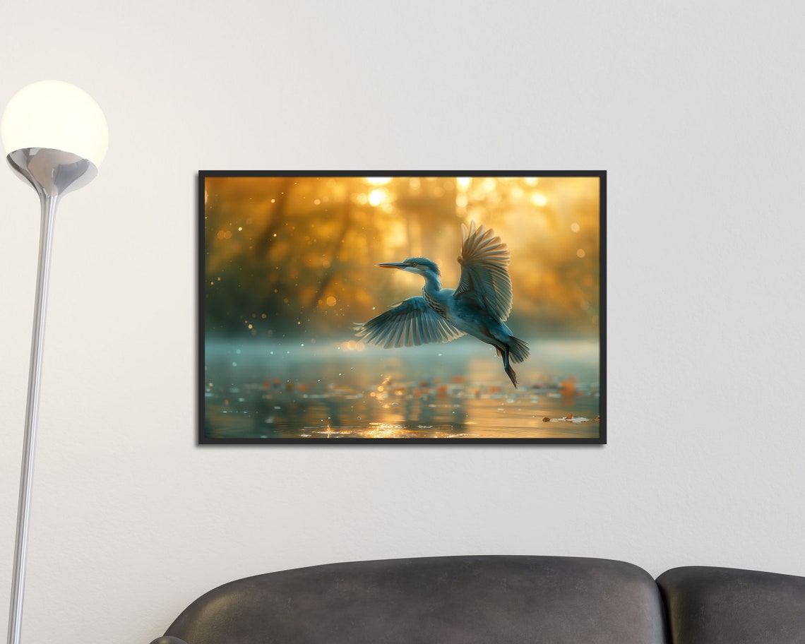 Grey Heron Flying Over Golden Sunset Water Wildlife Wall Art Print