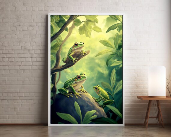 Three Green Tree Frogs in Sunlit Jungle Canopy Nature Wall Art
