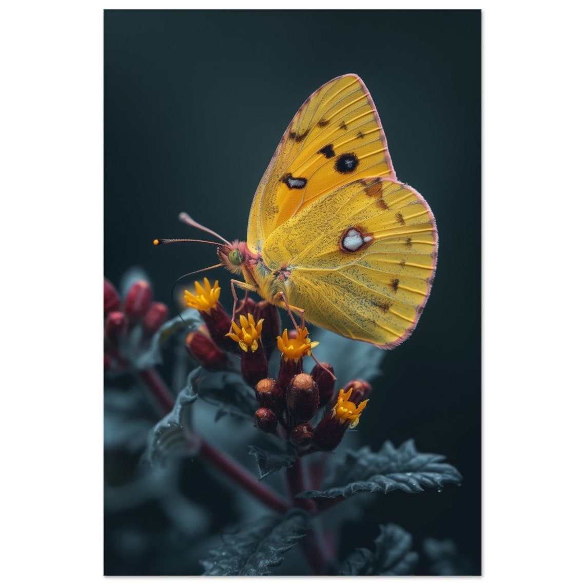 Golden Yellow Butterfly On Flowers Dark Background Macro Nature Poster - Image 4