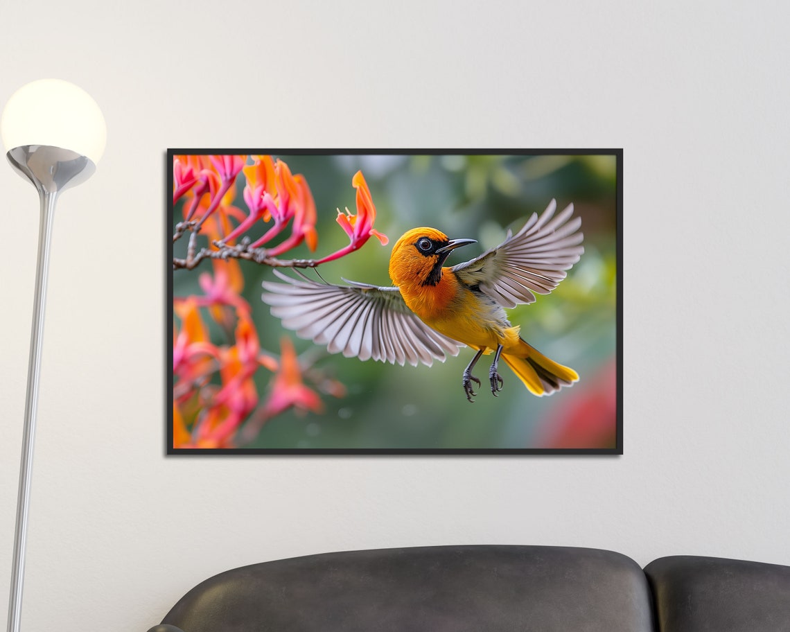 Oriole Hovering Near Red Trumpet Flowers Tropical Bird Art Poster - Image 3