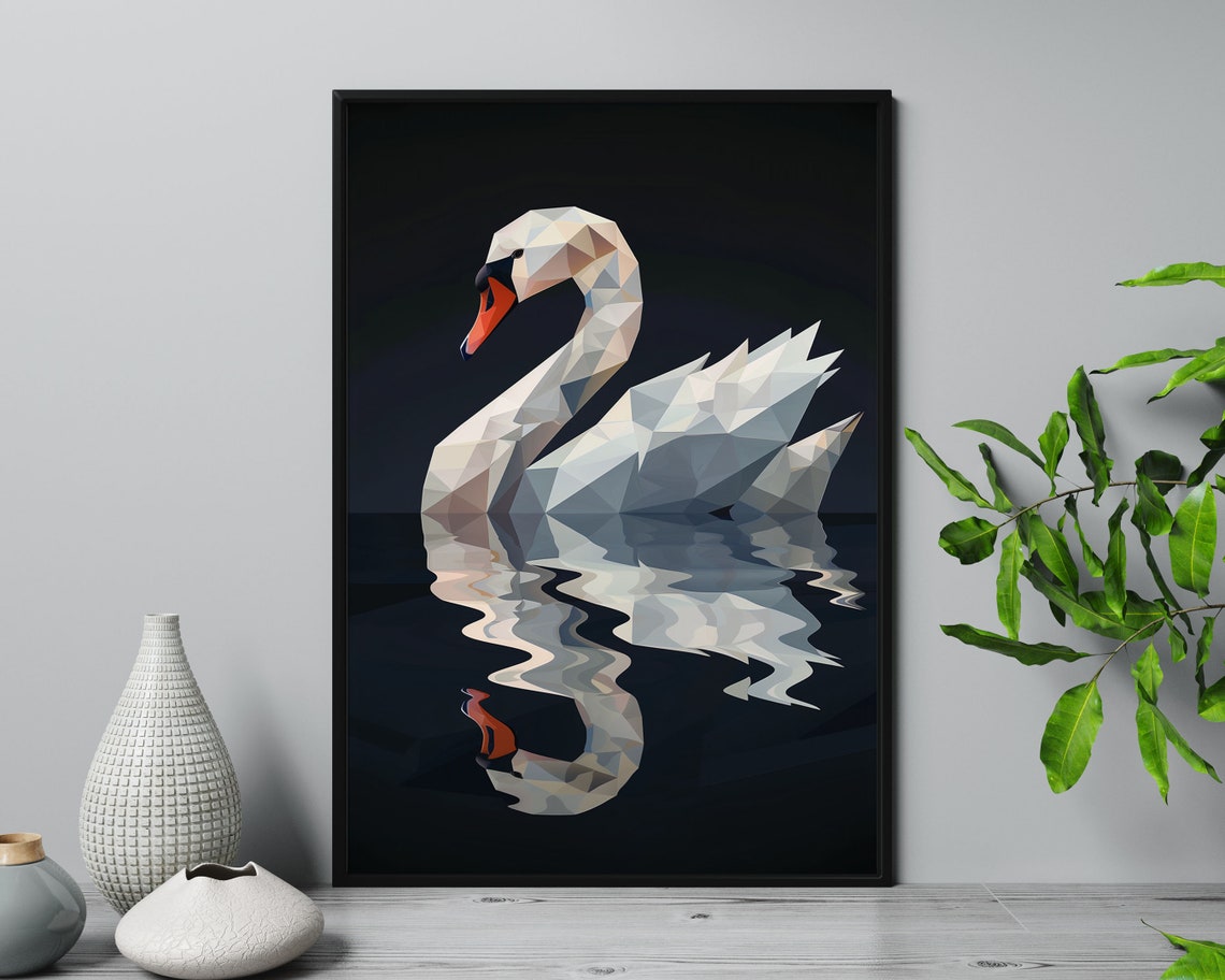 Geometric Low Poly White Swan On Dark Water Modern Bird Wall Art Print - Image 5