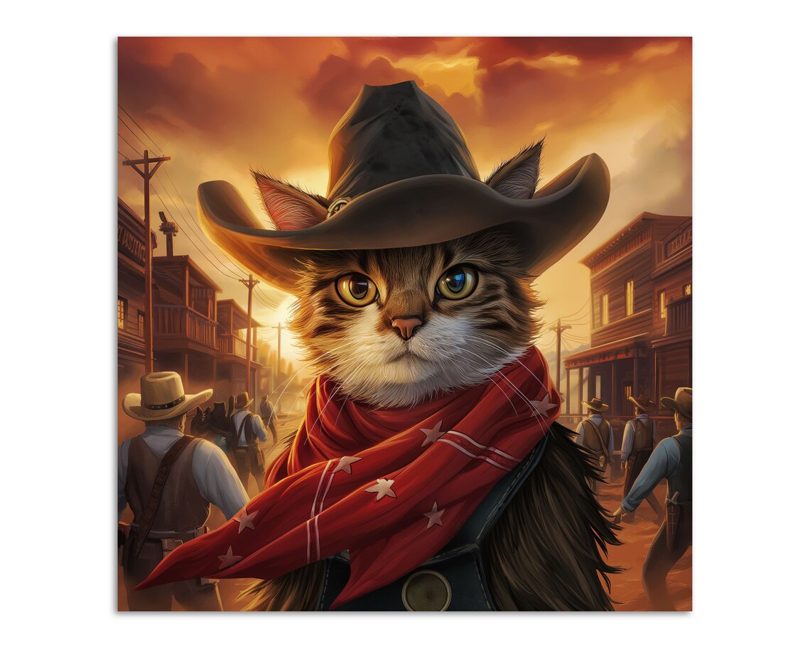 Cowboy Cat In Wild West Town Sunset Western Hat Bandana Funny Cat Poster - Image 4